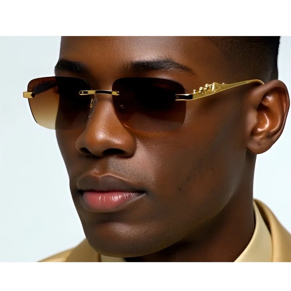 Men Rimless Brown Lens Gold Sunglasses Metal Leopard Sophisticated Hip Hop Style